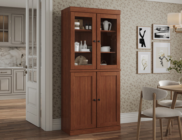 100% Solid Brazilian Pine Wood Pantry Cabinet, Shaker & Clear Glass Doors, 2 Drawers, Adjustable Shelves, 32" Wide, 71.5" Tall