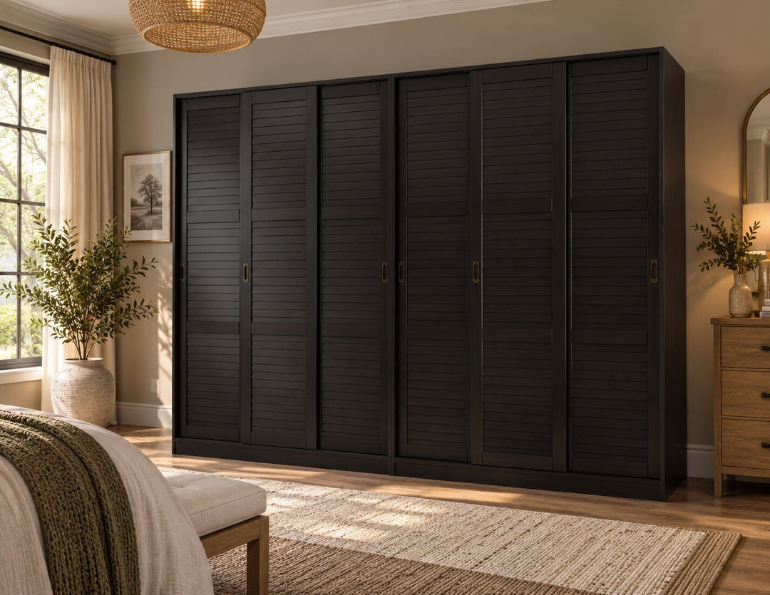100% Solid Wood 6-Sliding Wardrobe with Louvered Doors