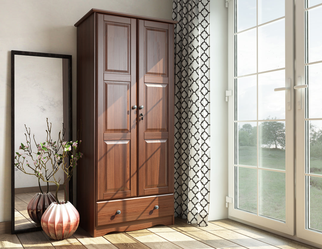 100% Solid Wood 2-Door Wardrobe Armoire with Raised Panel Doors, Bedroom Closet Storage - Flexible Collection with Metal Knobs
