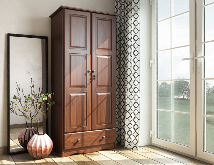 100% Solid Wood 2-Door Wardrobe Armoire with Raised Panel Doors, Bedroom Closet Storage - Flexible Collection with Metal Knobs