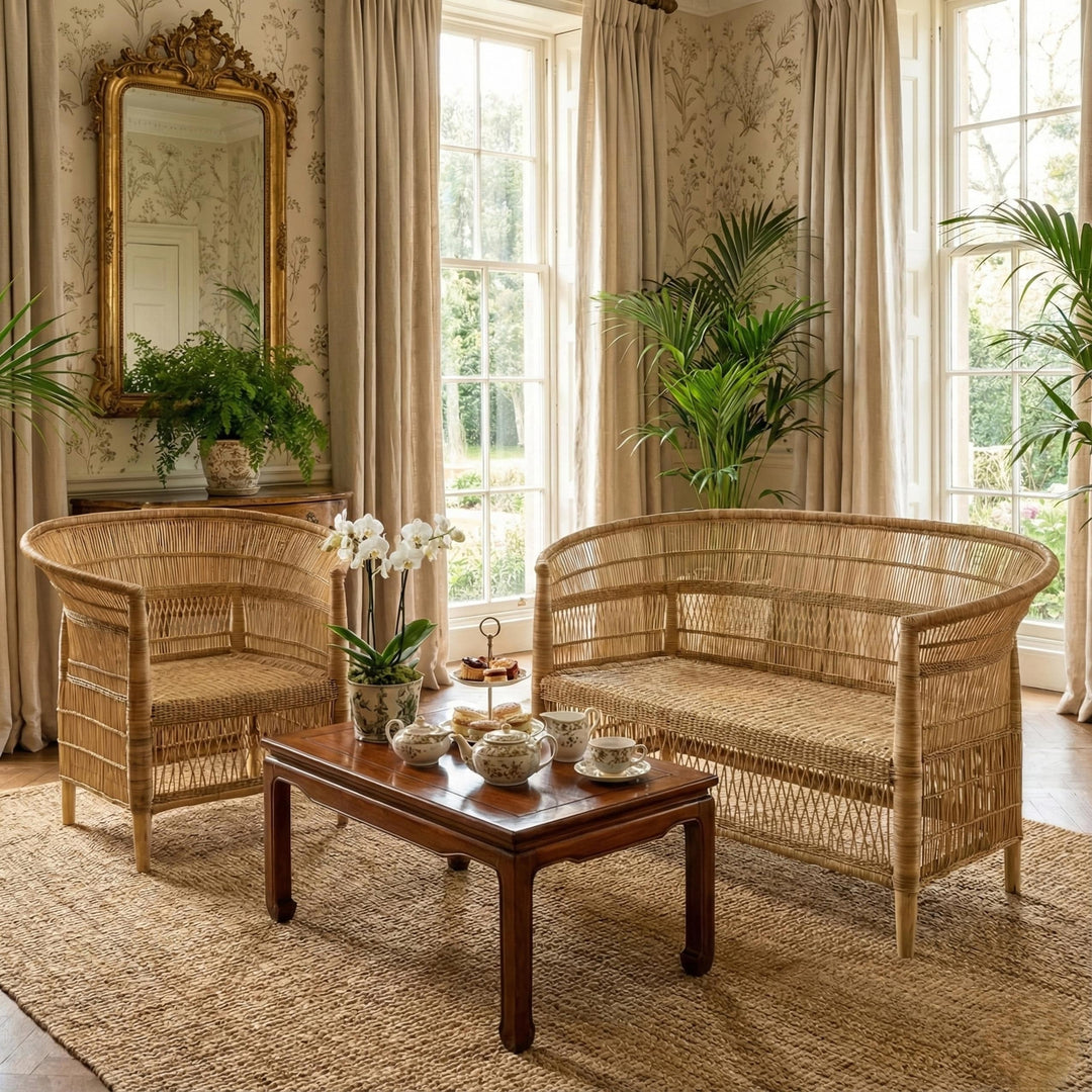 100% Handwoven Natural Rattan 2-Piece Indoor Seating Set with Chair and Loveseat, Solid Wood Frame, Boho Farmhouse, Authentic African Craftsmanship