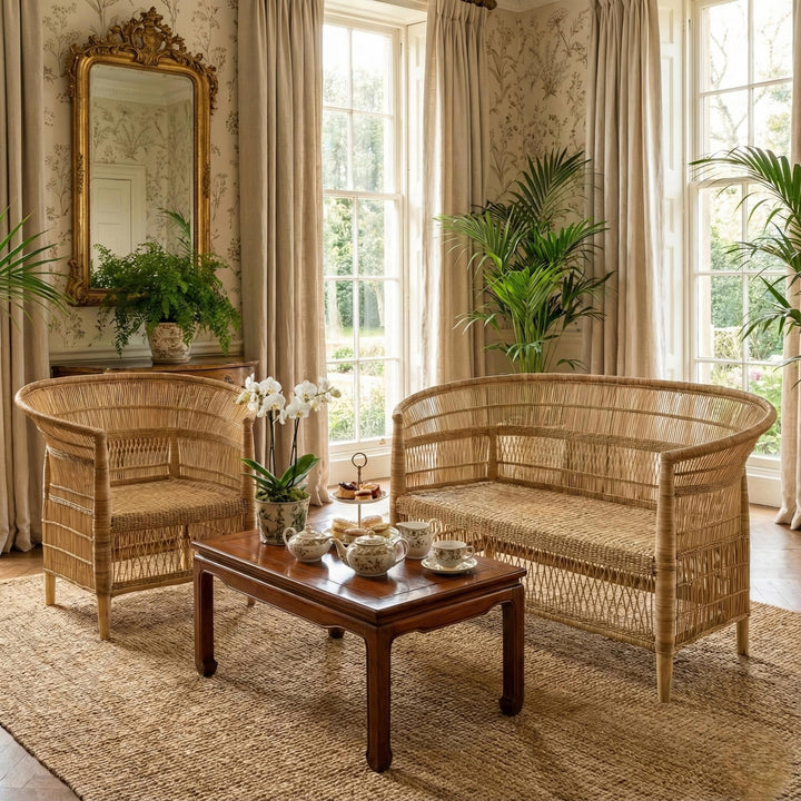 100% Handwoven Natural Rattan 2-Piece Indoor Seating Set with Chair and Loveseat, Solid Wood Frame, Boho Farmhouse, Authentic African Craftsmanship