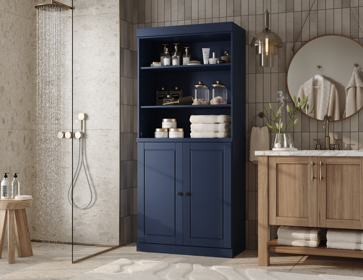 100% Solid Wood Tall Freestanding Modular Bathroom Linen Storage Cabinet with Open Shelf & Raised Panel Doors, Adjustable Shelves, 32" W x 71.5" H