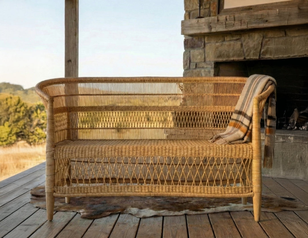 100% Solid Wood Frame Handwoven Natural Rattan Indoor Loveseat, Boho Farmhouse Accent Seating – Authentic African Craftsmanship