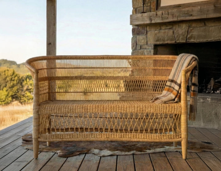 100% Solid Wood Frame Handwoven Natural Rattan Indoor Loveseat, Boho Farmhouse Accent Seating – Authentic African Craftsmanship