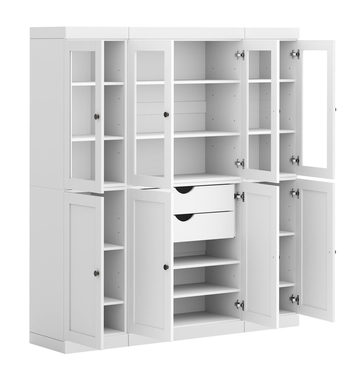 100% Solid Wood 65" China Pantry Cabinet, 4 Glass, 4 Shaker Wood Doors, 2-Drawers