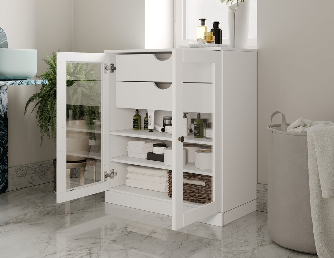 100% Solid Brazilian Pine Wood Bathroom Storage Cabinet, Clear Glass Doors, 2 Drawers, Adjustable Shelves, 32" Wide, 35.75" Tall