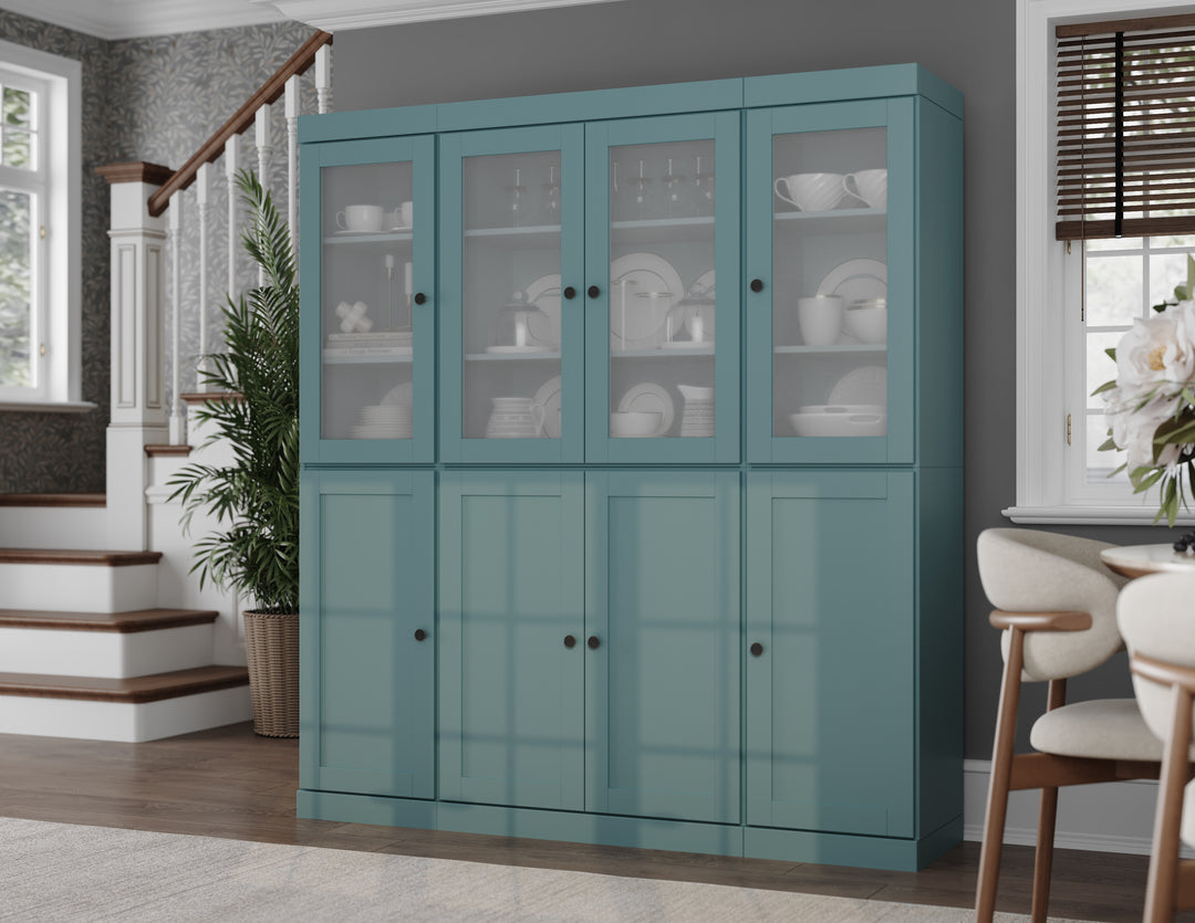Aqua 100% Solid Wood Kitchen Pantry Cabinet, Tall Freestanding Modular Storage with Frosted Glass & Shaker Doors, Adjustable Shelves, 65" W x 71.5" H