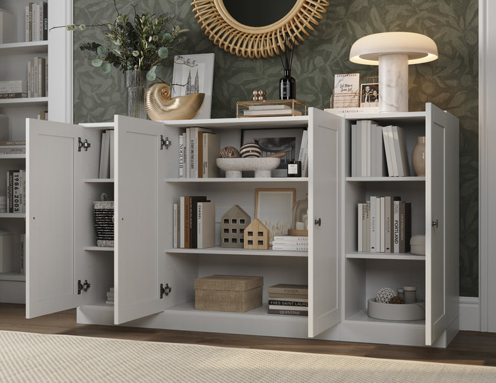 100% Solid Brazilian Pine Wood Sideboard, Shaker Doors, Adjustable Shelves, 65" Wide, 35.75" Tall