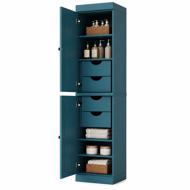 100% Solid Wood Bathroom Storage Cabinet, Raised Panel Doors, 4 Drawers, Adjustable Shelves, 16.5" Wide, 71.5" Tall