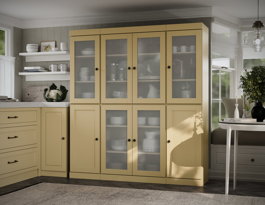 Yellow 65" Solid Wood Kitchen Pantry Cabinet with Frosted Glass & Shaker Doors & 2 Drawers