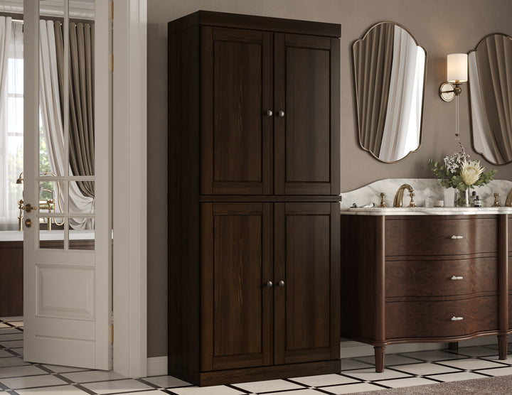 100% Solid Wood Tall Freestanding Modular Bathroom Linen Storage Cabinet with Raised Panel Doors, 2 Drawers, Adjustable Shelves, 32" W x 71.5" H