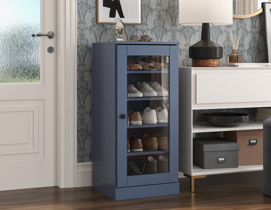 100% Solid Wood Narrow Glass Door Shoe Storage Cabinet with Adjustable Shelves, Space Saving Stackable Organizer, 16.5" W x 35.75" H