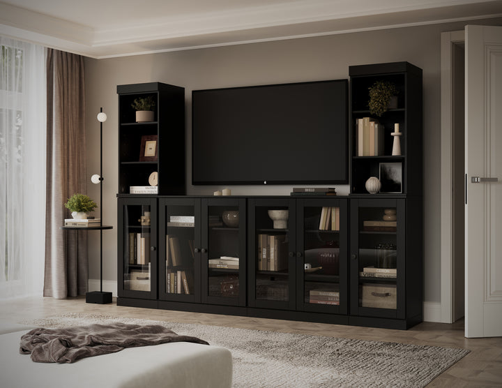 100% Solid Wood 6-Piece Entertainment Center Wall Unit with Storage, Open Cabinets & Glass Doors, Adjustable Shelves, 97" W x 71.5" H