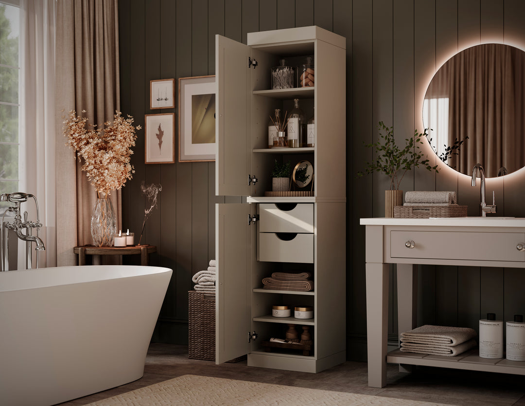 100% Solid Wood Bathroom Storage Cabinet, Raised Panel Doors, 2 Drawers, Adjustable Shelves, 16.5" Wide, 71.5" Tall