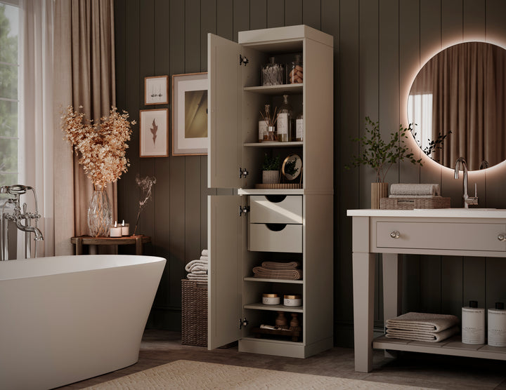 100% Solid Wood Bathroom Storage Cabinet, Raised Panel Doors, 2 Drawers, Adjustable Shelves, 16.5" Wide, 71.5" Tall