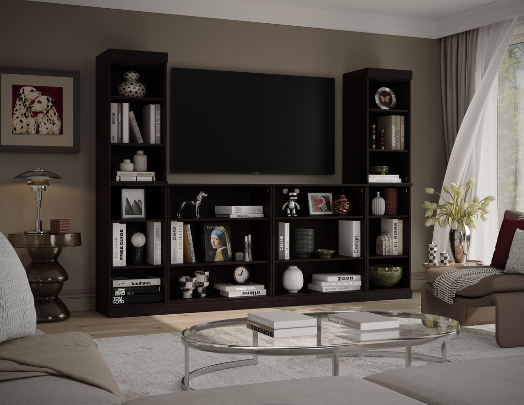100% Solid Wood 6-Piece Entertainment Center Wall Unit with Storage, Open Cabinets, Adjustable Shelves, 97" W x 71.5" H