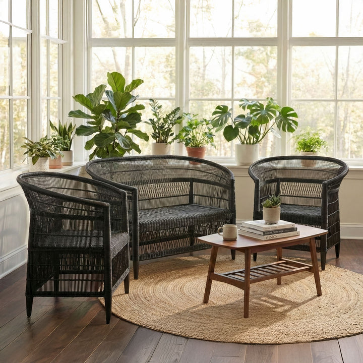 100% Handwoven Natural Rattan 3-Piece Indoor Seating Set with 2 Chairs and Loveseat, Solid Wood Frame, Boho Farmhouse, Authentic African Craftsmanship