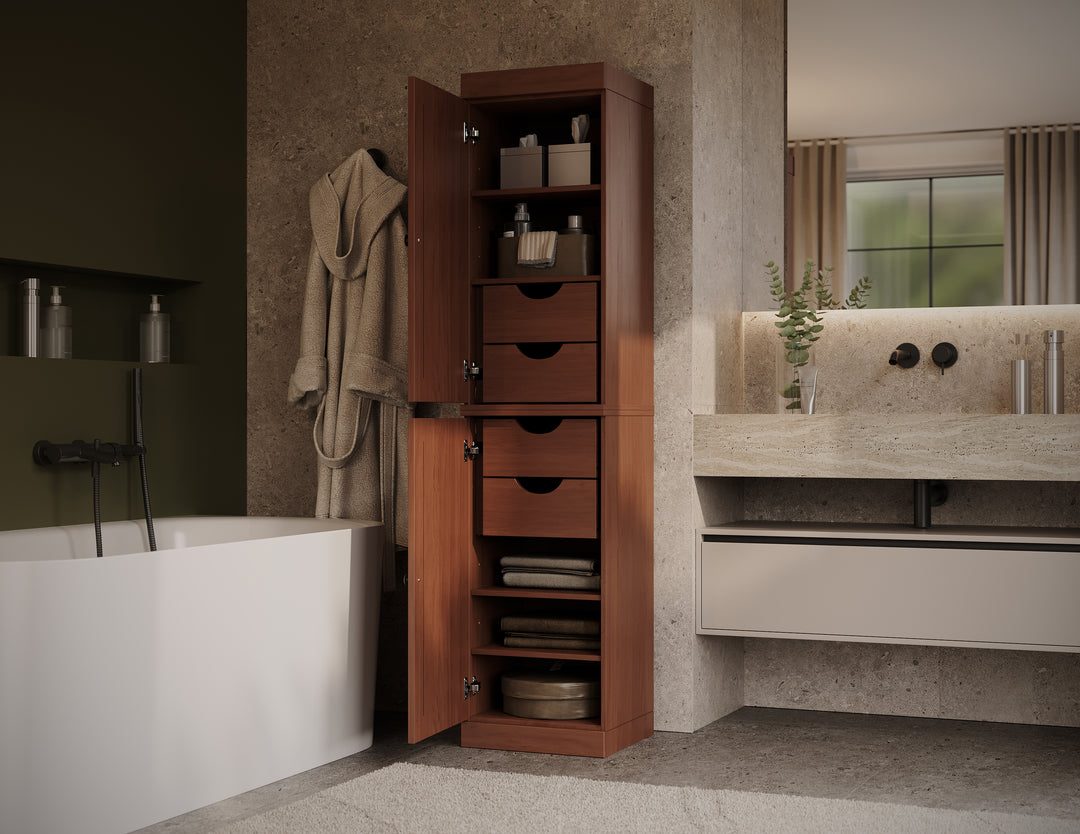 100% Solid Wood Bathroom Storage Cabinet, Raised Panel Doors, 4 Drawers, Adjustable Shelves, 16.5" Wide, 71.5" Tall