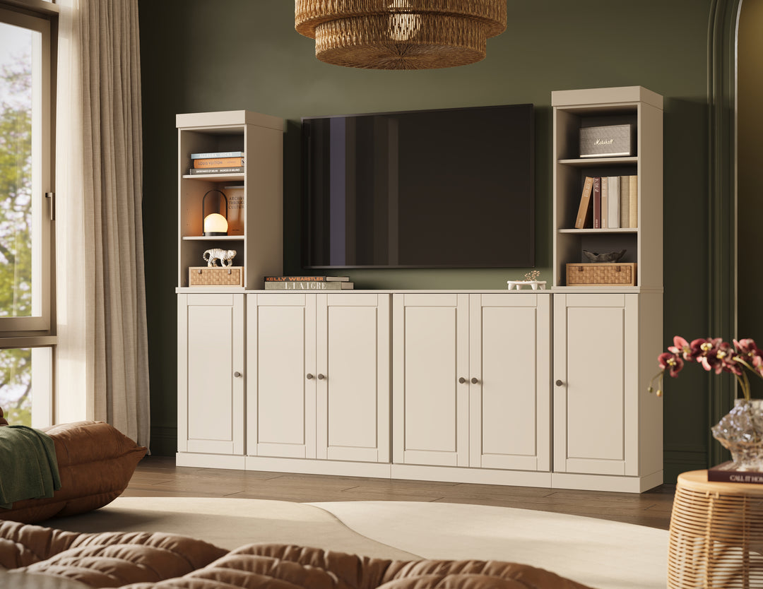 100% Solid Wood 6-Piece Entertainment Center Wall Unit with Storage, Open Cabinets & Raised Panel Doors, Adjustable Shelves, 97" W x 71.5" H