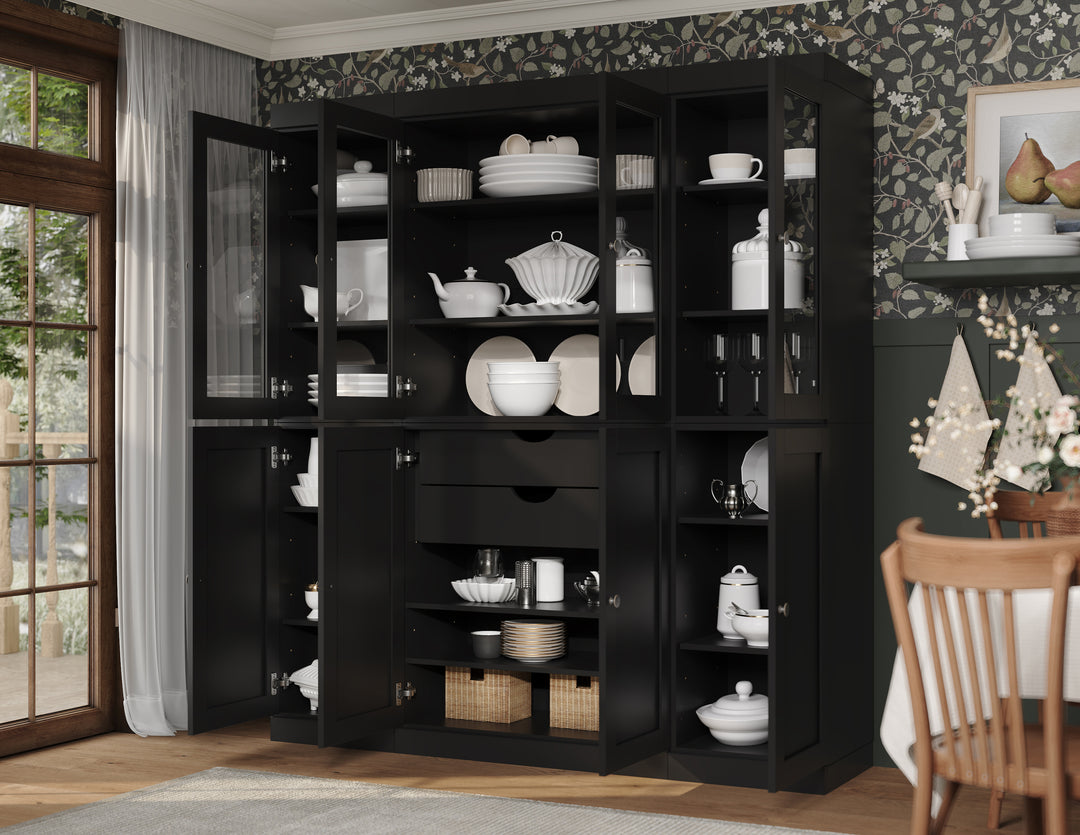 100% Solid Wood 65" China Pantry Cabinet, 4 Glass, 4 Shaker Wood Doors, 2-Drawers