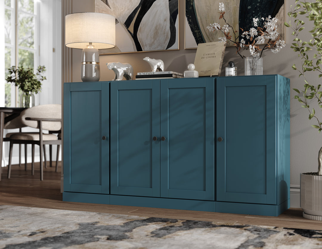 100% Solid Brazilian Pine Wood Sideboard, Shaker Doors, 2 Drawers, Adjustable Shelves, 65" Wide, 35.75" Tall