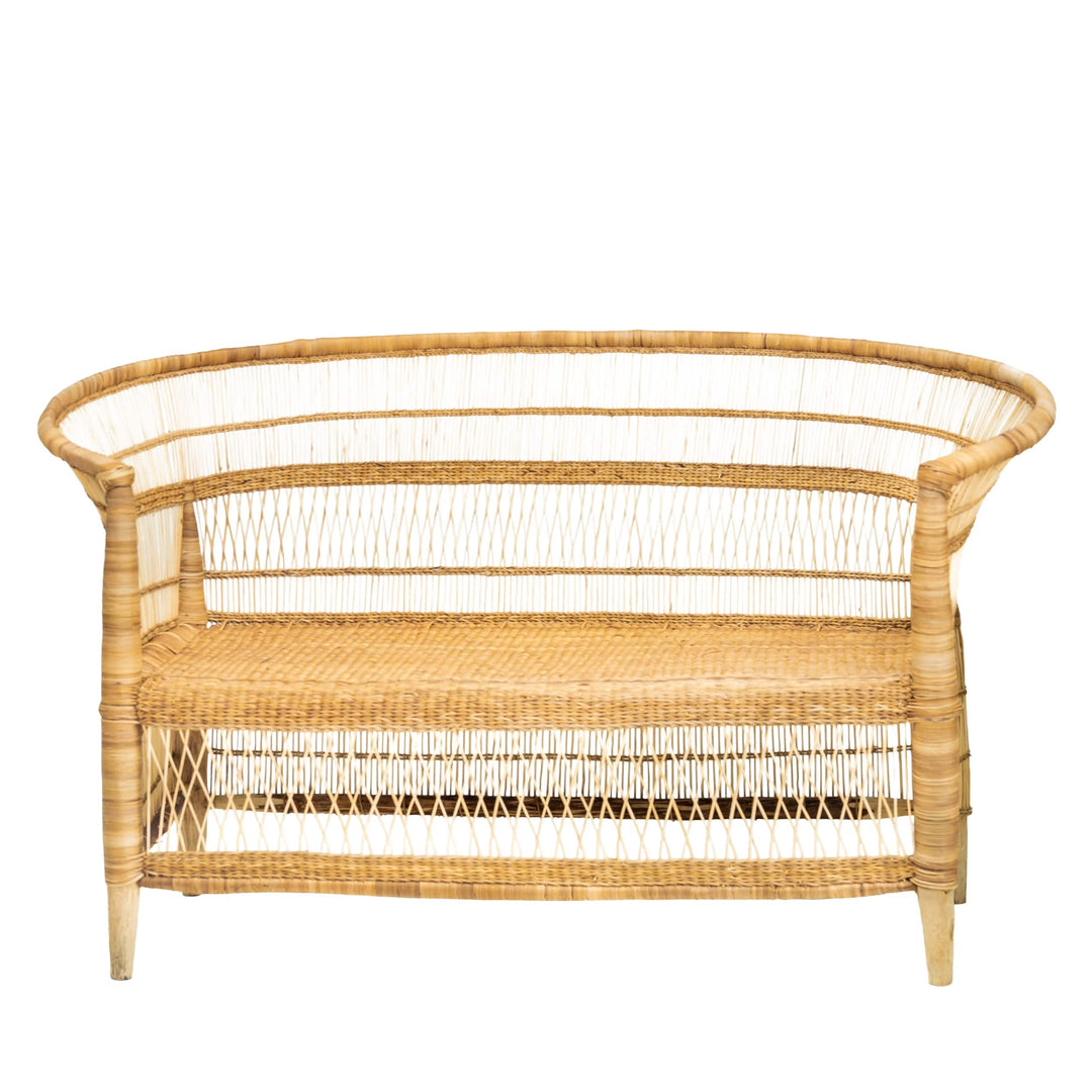 100% Solid Wood Frame Handwoven Natural Rattan Indoor Loveseat, Boho Farmhouse Accent Seating – Authentic African Craftsmanship