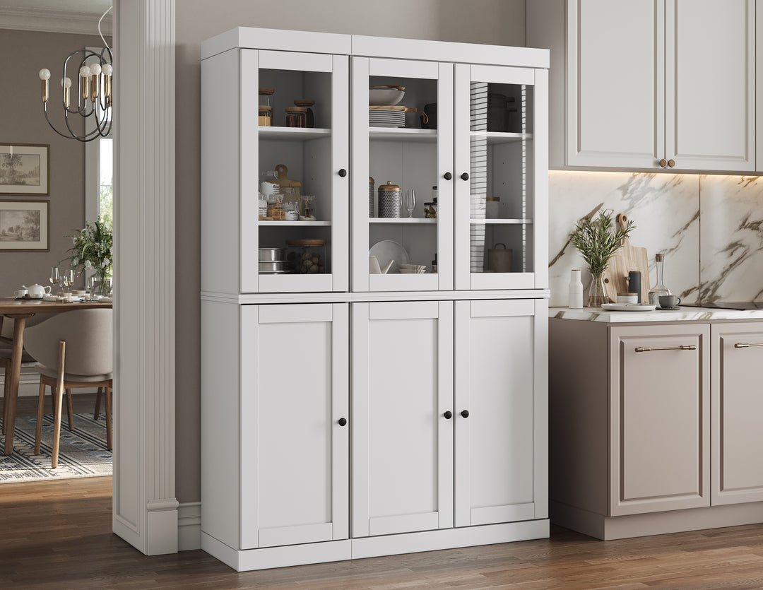 100% Solid Brazilian Pine Wood Pantry China Cabinet, Shaker & Clear Glass Doors, Adjustable Shelves, 48.5" Wide, 71.5" Tall