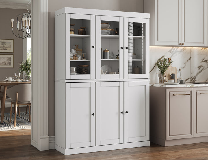 100% Solid Brazilian Pine Wood Pantry China Cabinet, Shaker & Clear Glass Doors, Adjustable Shelves, 48.5" Wide, 71.5" Tall