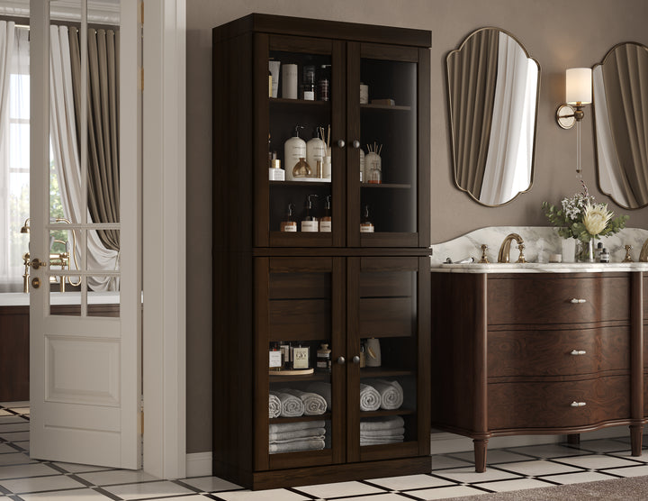 100% Solid Wood Tall Freestanding Modular Bathroom Linen Storage Cabinet with Glass Doors, 2 Drawers, Adjustable Shelves, 32" W x 71.5" H