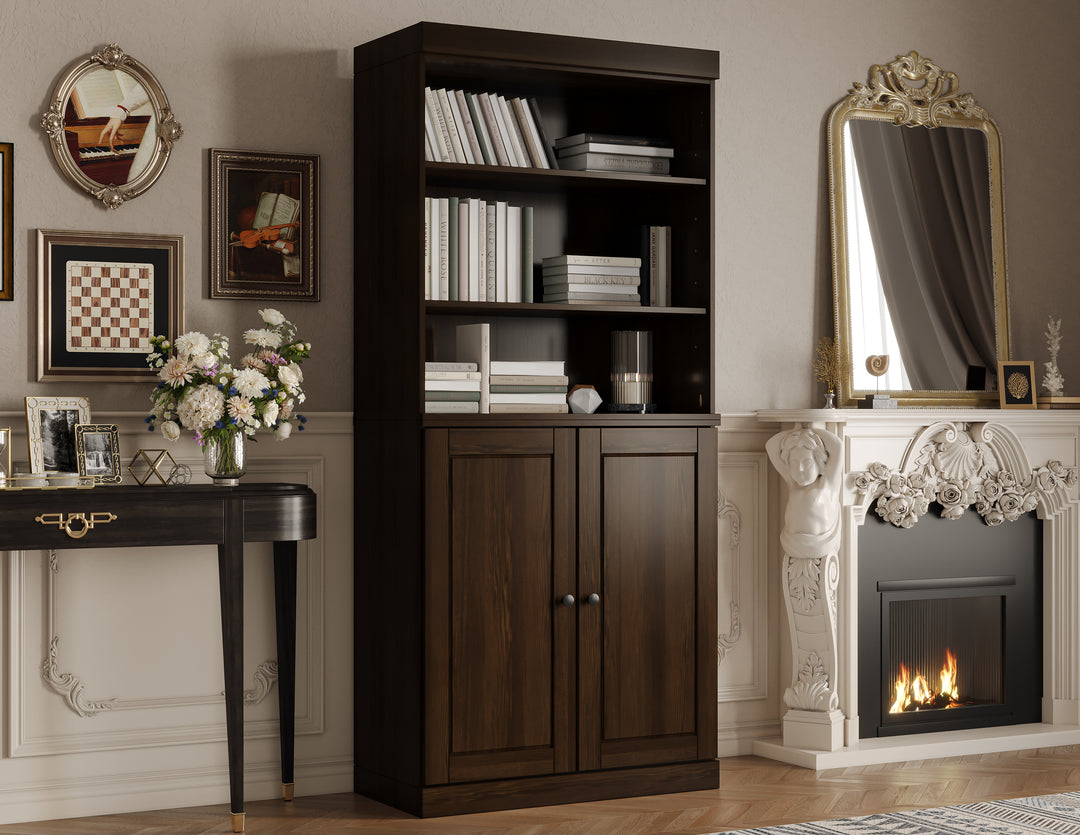100% Solid Wood Tall Modular Bookcase Cabinet with Doors & Open Shelves, Storage Display Bookshelf with Adjustable Shelves, 32" W x 71.5" H