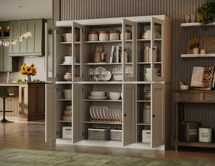 100% Solid Wood Kitchen Pantry Cabinet, Tall Freestanding Modular Storage with Glass & Shaker Doors, Adjustable Shelves, 65" W x 71.5" H