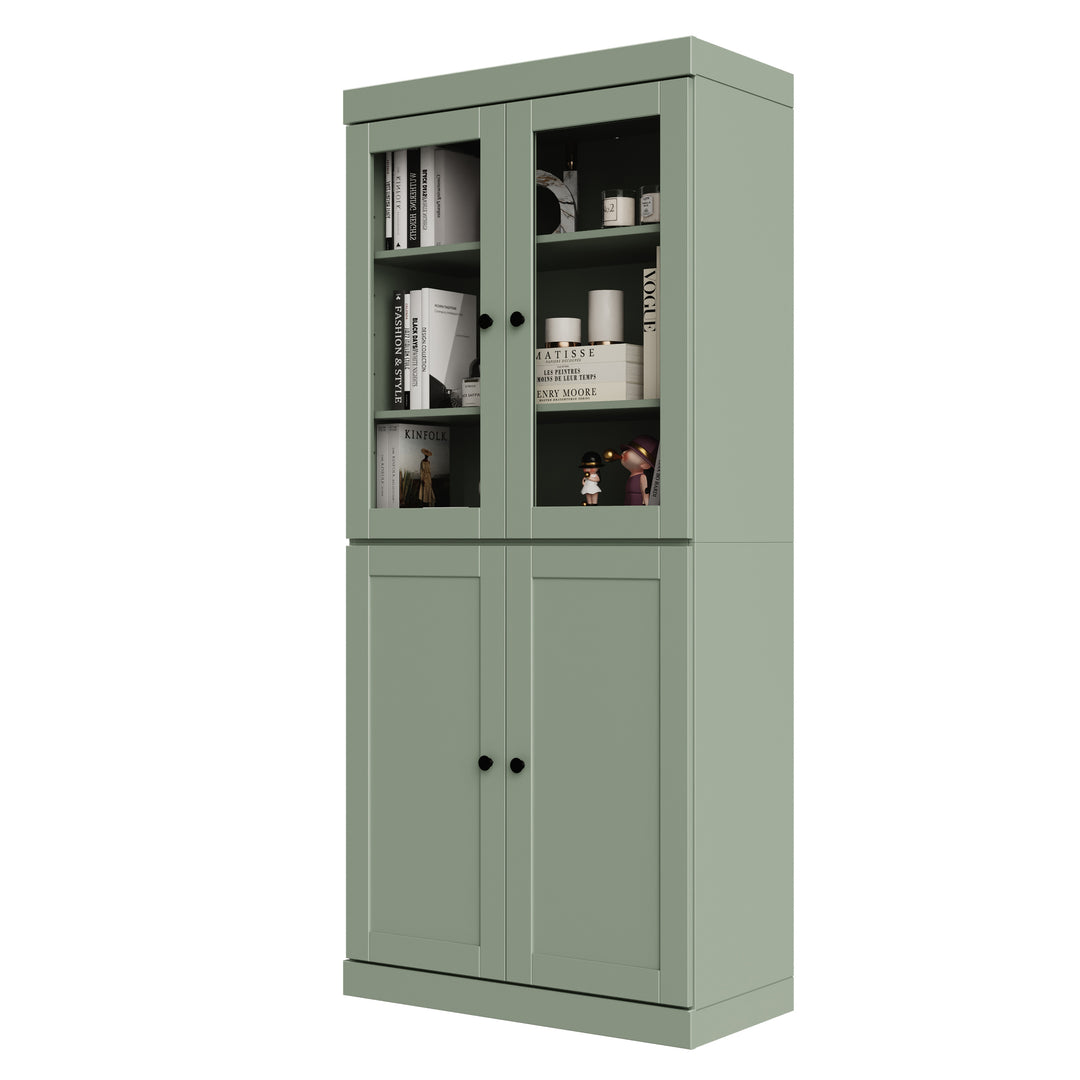 100% Solid Wood 6-Shelf 32" Bookcase, 2 Glass Doors, 2 Shaker Wood Doors, Adjustable Shelves