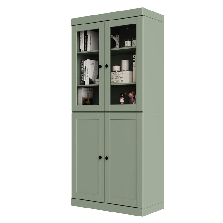 100% Solid Wood 6-Shelf 32" Bookcase, 2 Glass Doors, 2 Shaker Wood Doors, Adjustable Shelves