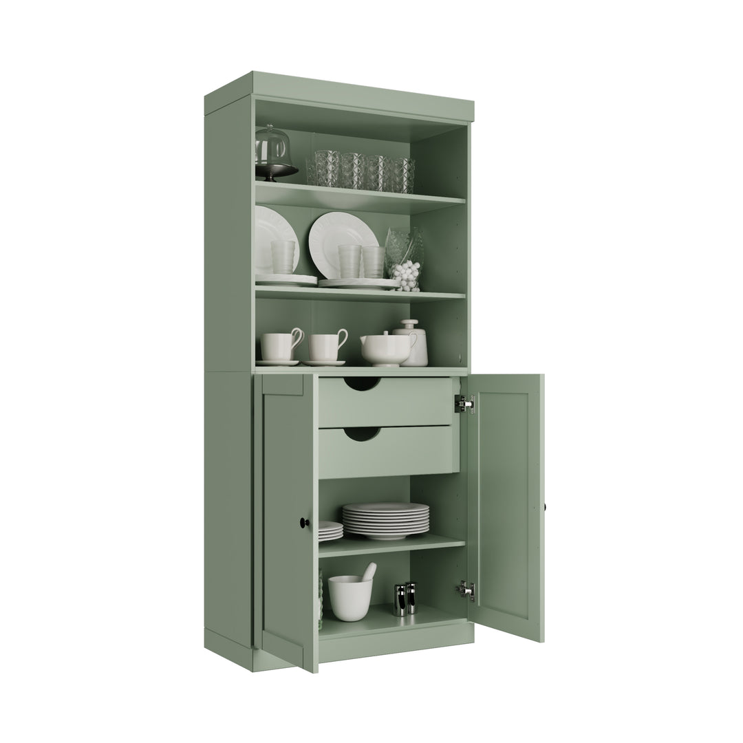 100% Solid Wood 32" Pantry Cabinet, 2 Shaker Wood Bottom Doors, 2 Drawers