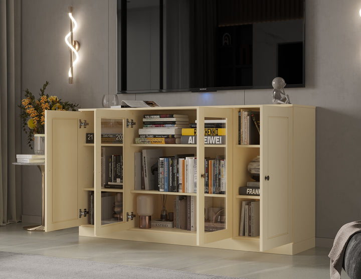 100% Solid Wood TV Stand for TVs up to 65" with Clear Glass, Raised Panel Doors, Adjustable Shelves