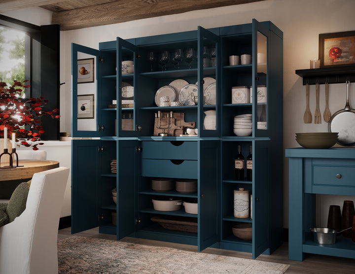 100% Solid Wood 65" China Pantry Cabinet, 4 Glass, 4 Shaker Wood Doors, 2-Drawers