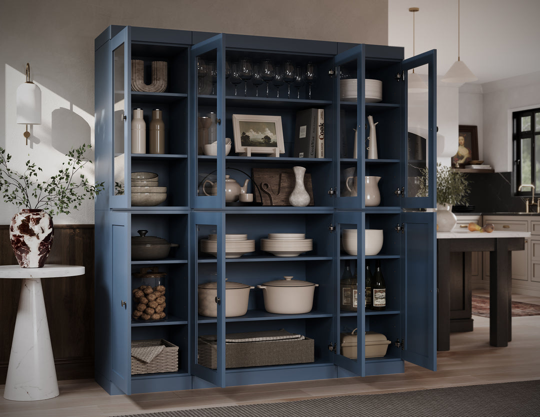 100% Solid Wood 65" China Pantry Cabinet, 6 Clear Glass, 2 Shaker Wood Doors