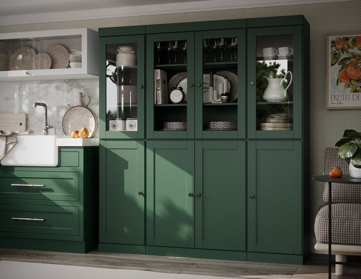 100% Solid Wood 65" China Pantry Cabinet, 4 Clear Glass, 4 Shaker Wood Doors