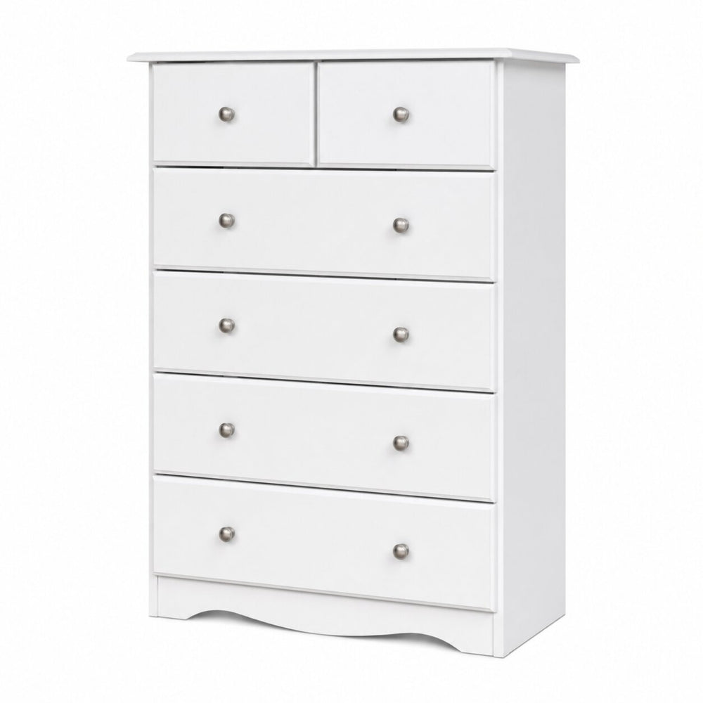 A white 6-drawer dresser with two small drawers on top and four larger drawers below, each with a round silver knob, shown on a plain white background.