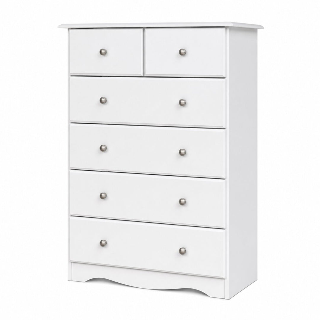 A white 6-drawer dresser with two small drawers on top and four larger drawers below, each with a round silver knob, shown on a plain white background.