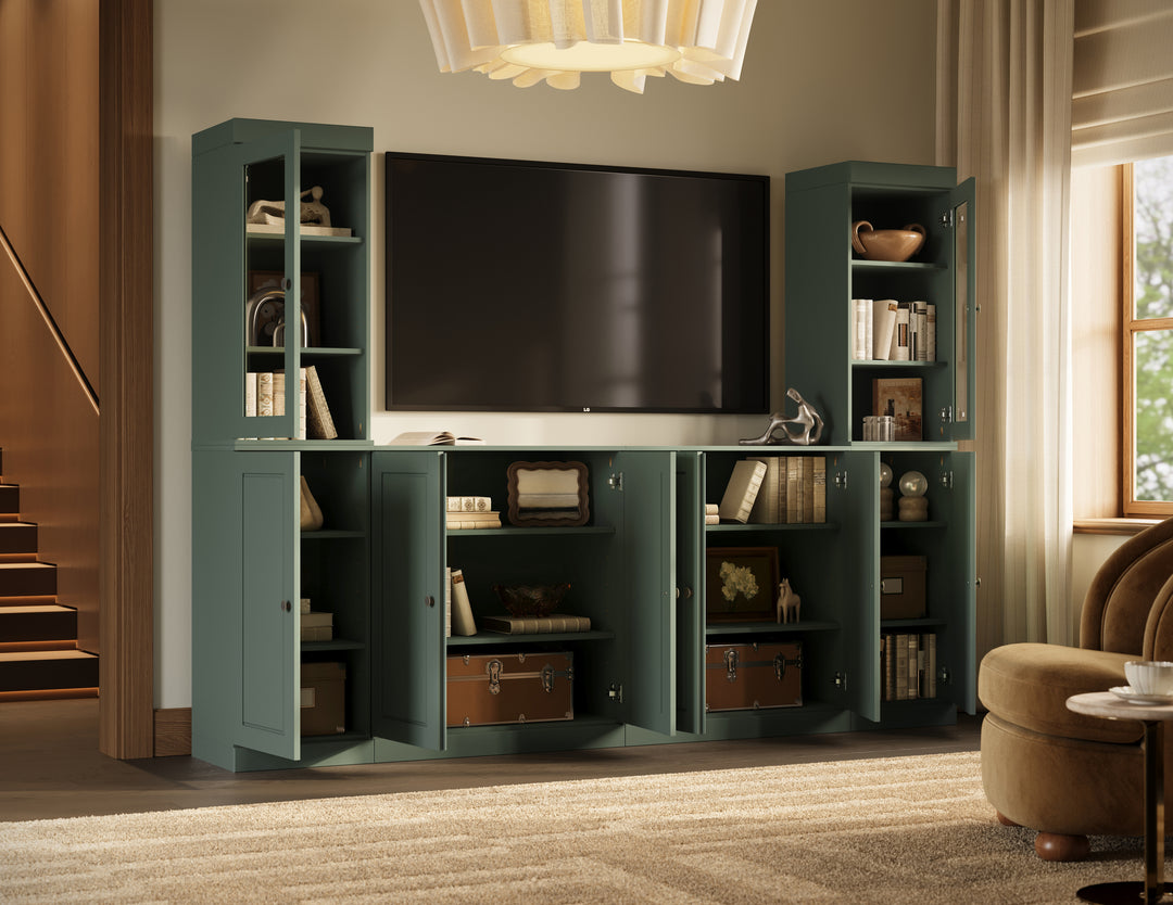 100% Solid Wood 6-Piece Entertainment Center Wall Unit with Storage, Glass & Raised Panel Doors, Adjustable Shelves, 97" W x 71.5" H