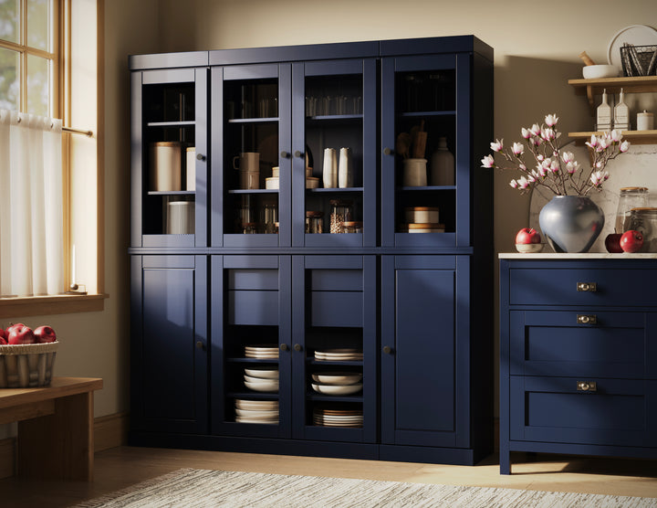 100% Solid Wood 65" China Pantry Cabinet, 6 Glass, 2 Raised Panel Wood Doors, 2-Drawers