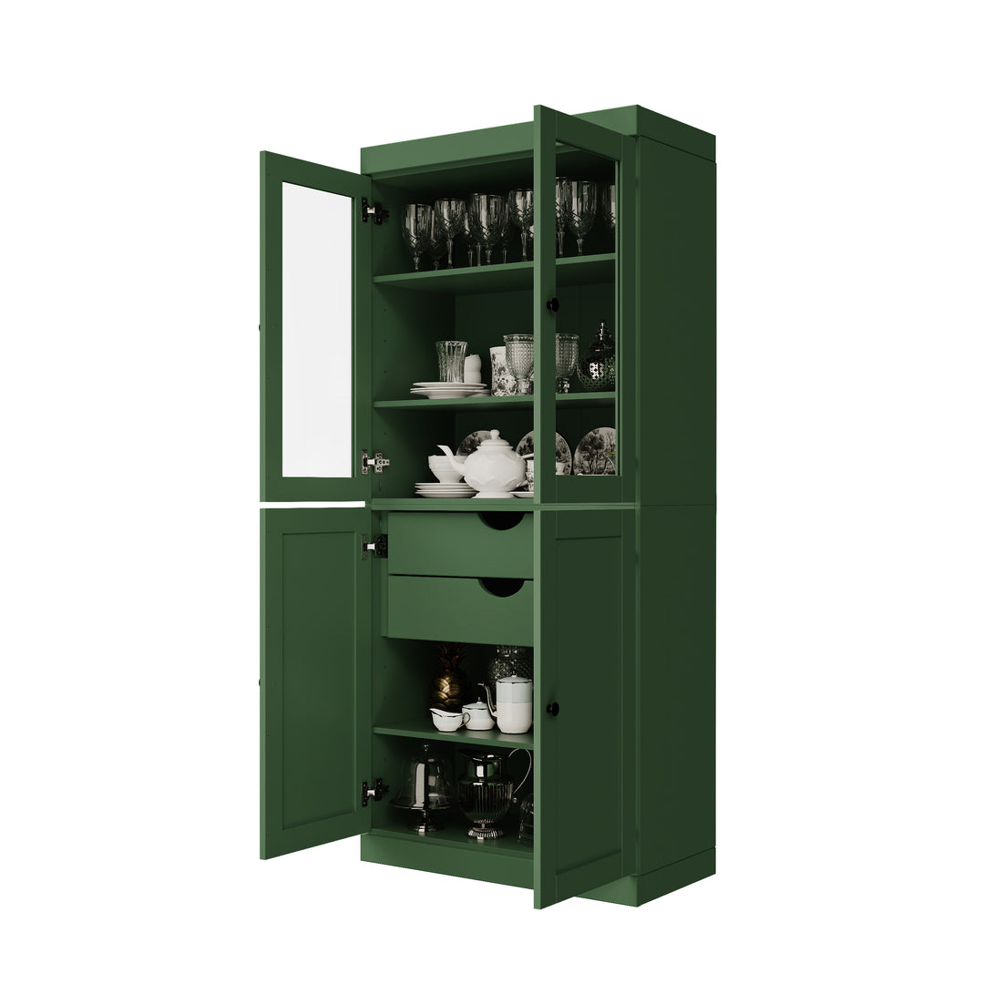 100% Solid Wood 32" Pantry Cabinet, 2 Clear Glass, 2 Shaker Doors, 2-Drawers