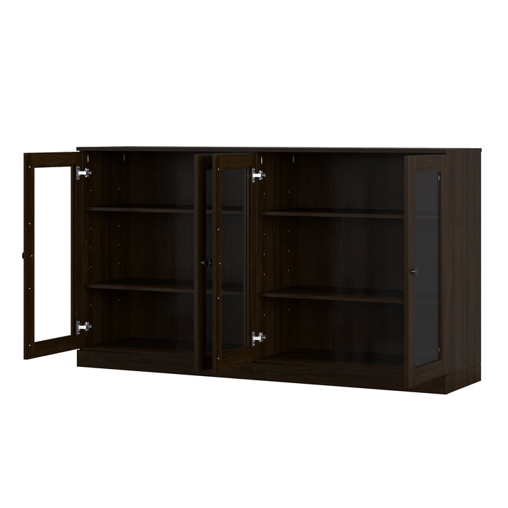 100% Solid Wood Sideboard Buffet with Glass Doors, Credenza Server for Dining Room Storage, Adjustable Shelves, 64" W x 35.75" H