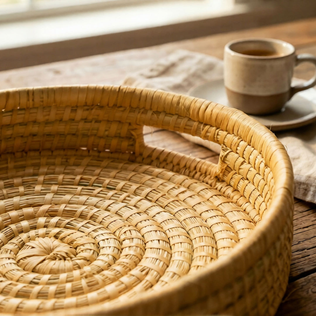 100% Handwoven Natural Rattan 12" Round Serving Tray, Boho Farmhouse Kitchen, Dining & Home Decor, Handcrafted – Authentic African Craftsmanship, Trays - Palace Imports
