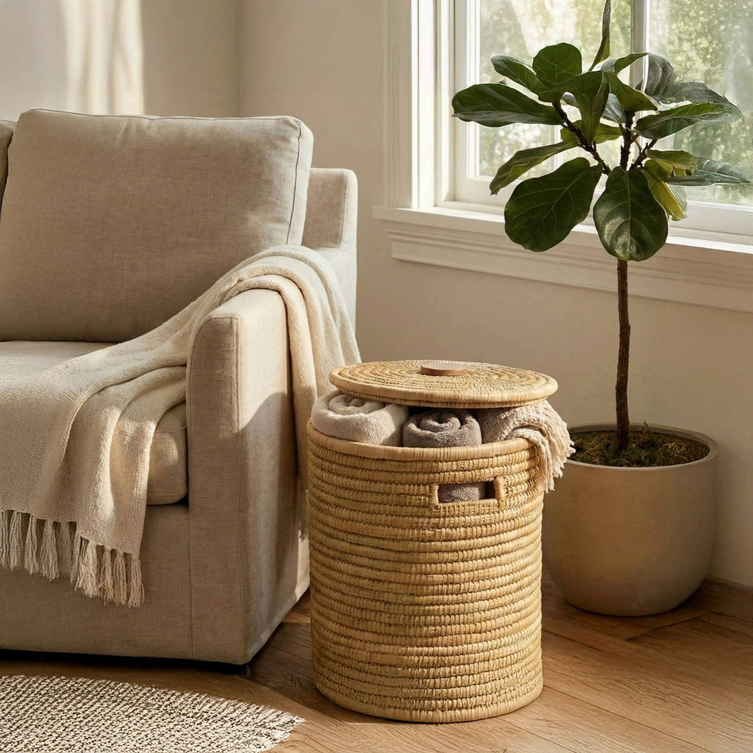 100% Handwoven Natural Rattan 17" Round Basket with Lid & Handles, Boho Farmhouse Decorative Laundry & Storage Organizer, Handcrafted – Authentic African Craftsmanship, Baskets - Palace Imports