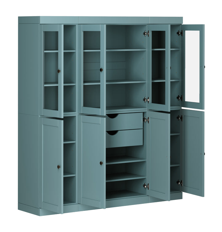 100% Solid Wood 65" China Pantry Cabinet, 4 Glass, 4 Shaker Wood Doors, 2-Drawers