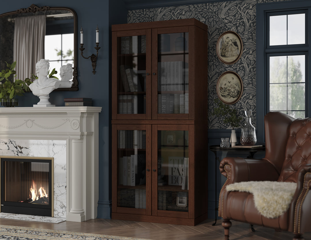 Premium 100% Solid European Oak Hardwood 6-Shelf Modular Bookcase with Tinted Glass Doors – 32" Wide, 71.5" Tall