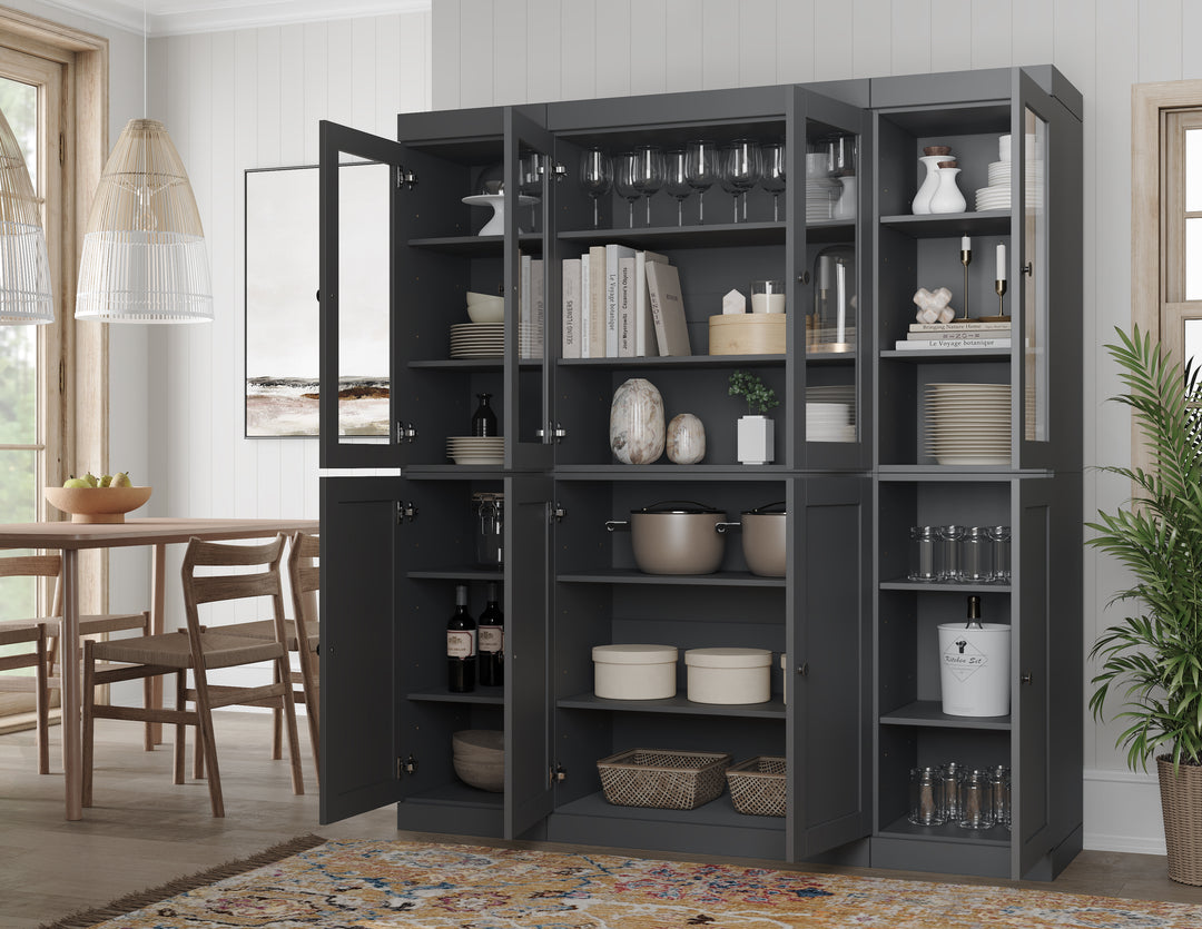 100% Solid Wood 65" China Pantry Cabinet, 4 Clear Glass, 4 Shaker Wood Doors